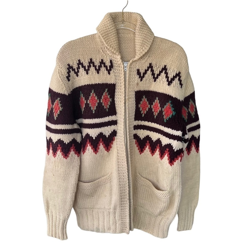VTG 50s Cowichan Style Mary Maxim Wool Heavy Knit Cardigan Lightning Zip FLAWS